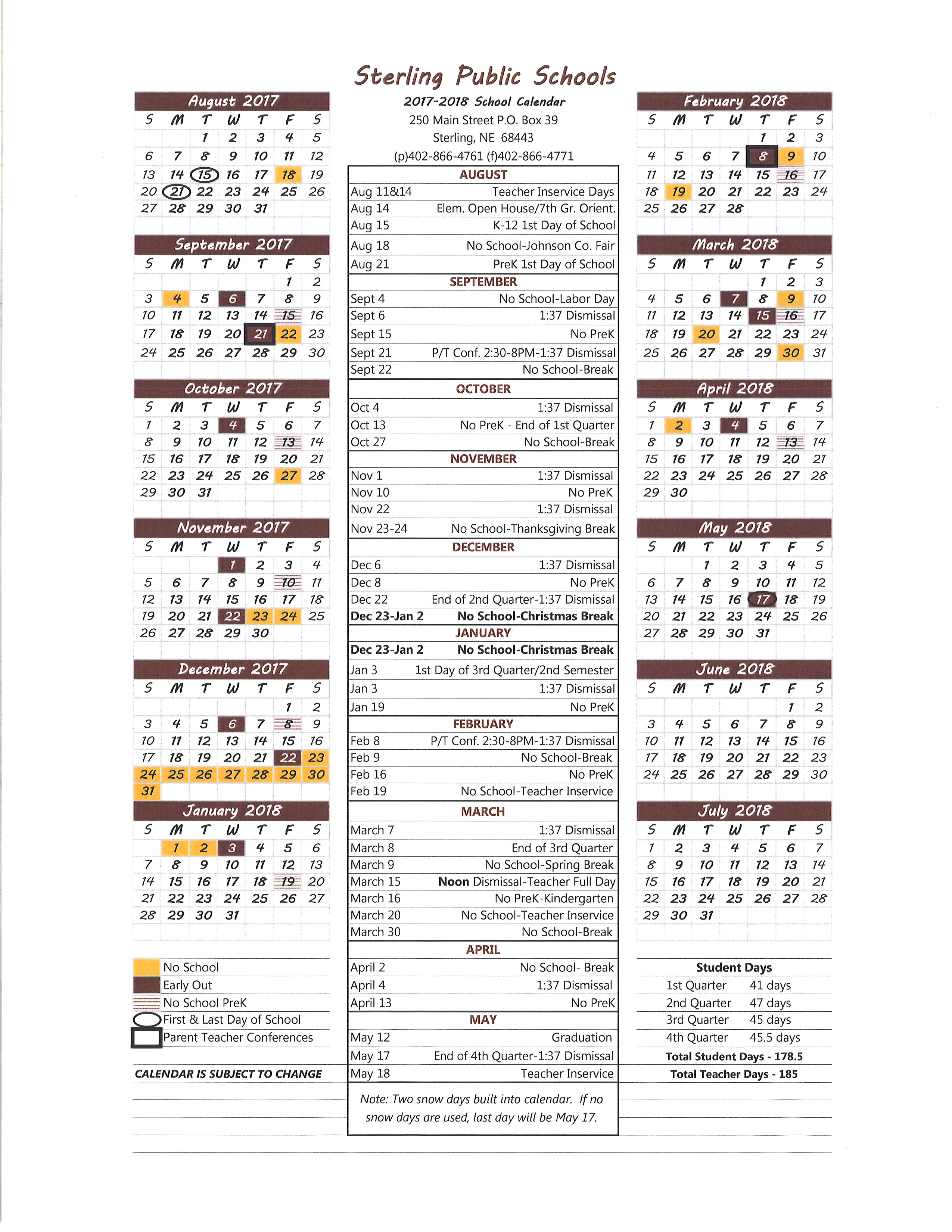 Sterling Public Schools 20172018 District School Calendar