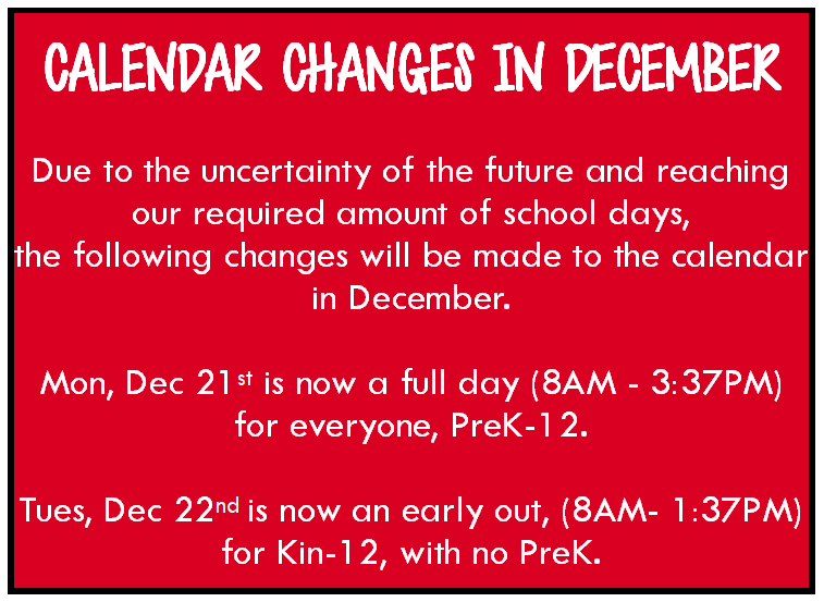 Sterling Public Schools Calendar Changes in December